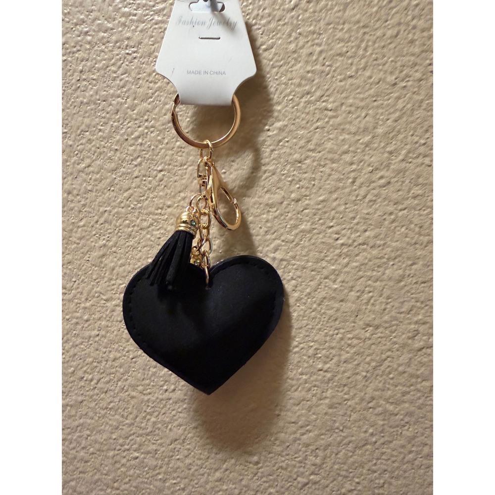 Black White Checkered Rhinestone Heart Keychain Tassel Gold Bell KC471X043 - Picture 3 of 3